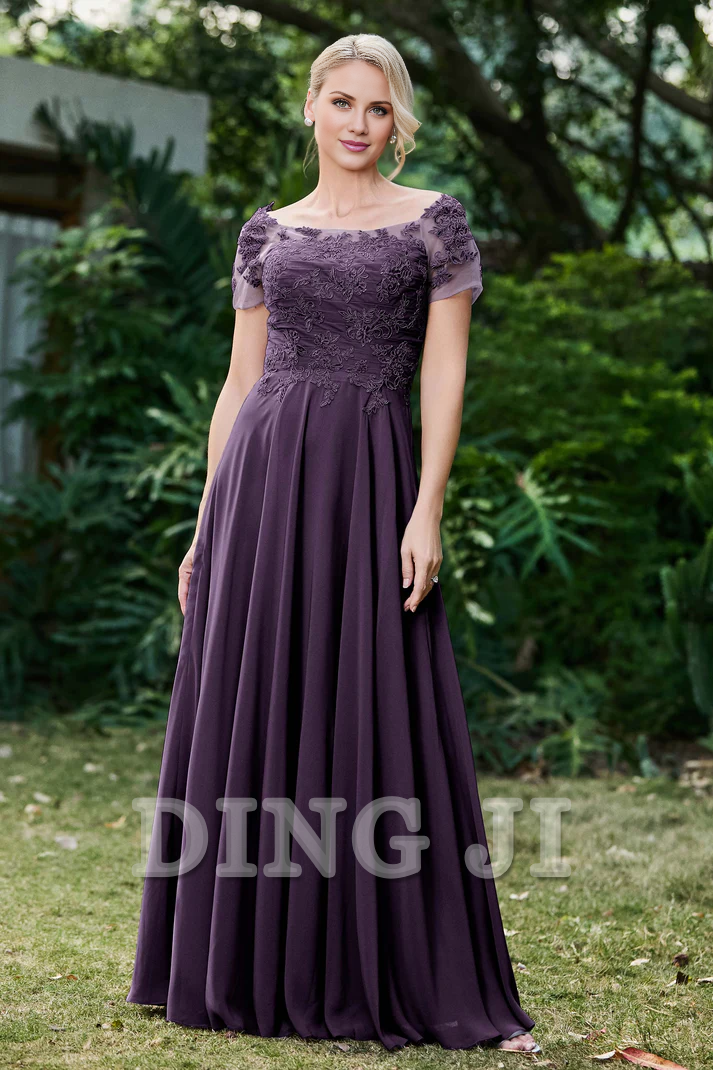 DingJiDress Mother of the Bride Dresses Ruched Applique Short Sleeves Chiffon Long Dress Lace Applique Elegant Dignified Dresses Wedding Guests Dresses