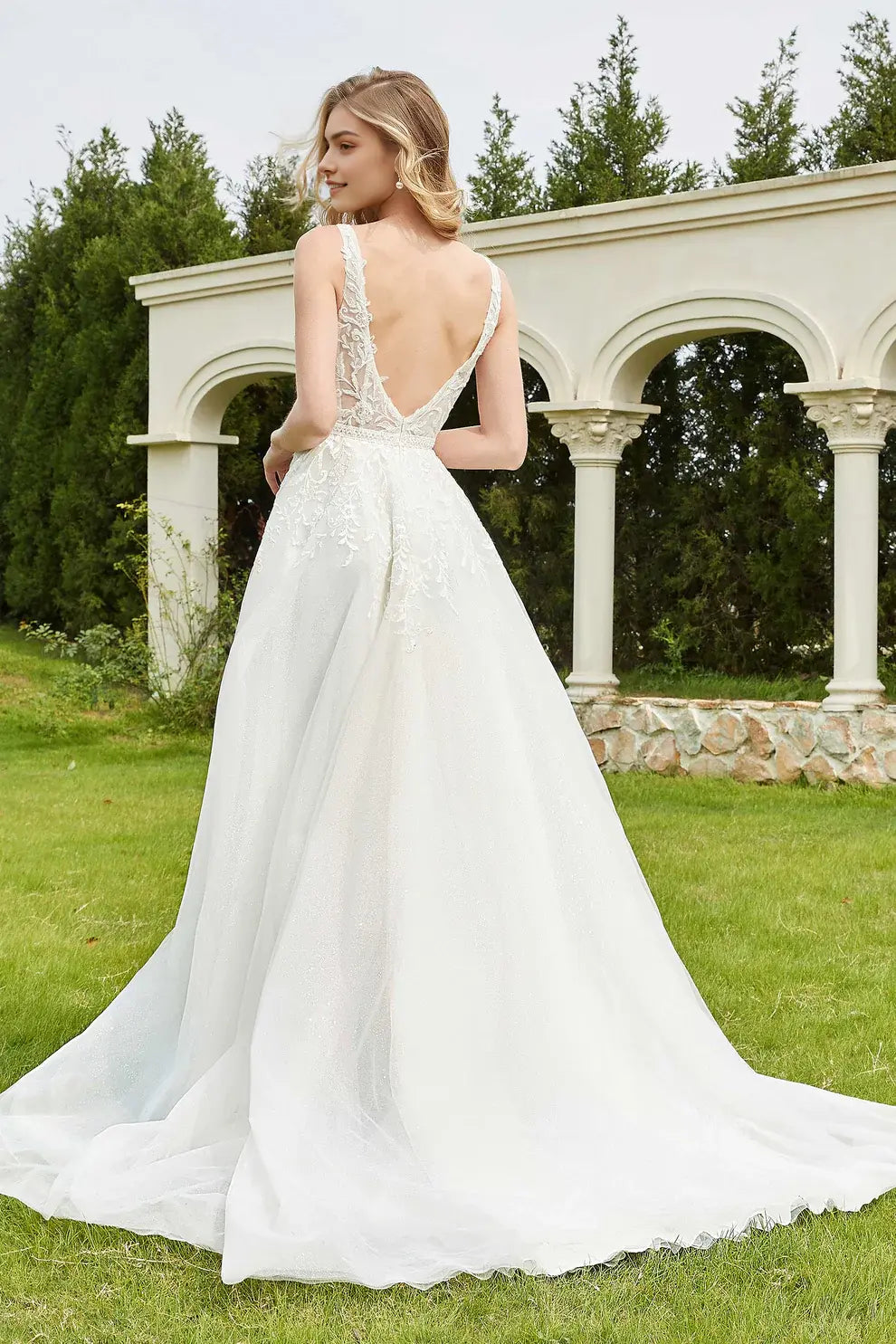 Sparkle Tulle A-Line Deep V Neck Sleeveless Ruched Exquisite Lace Applique Backless Affordable Hot Sale Wedding Dress