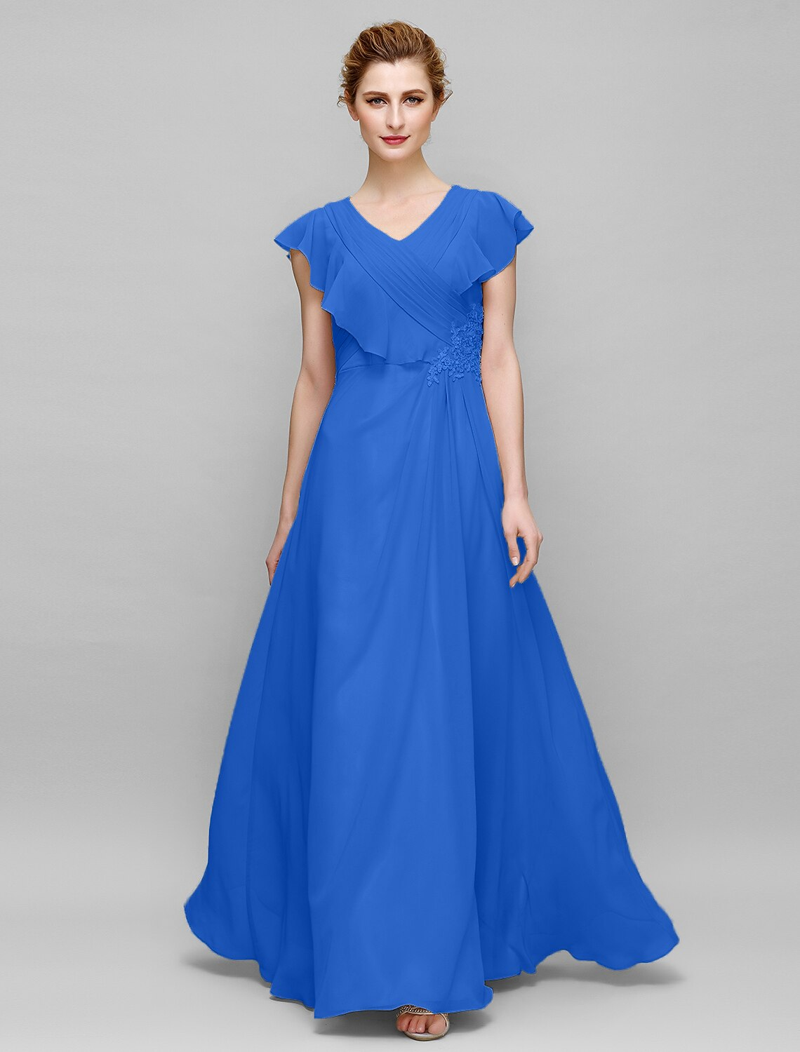 Mother of the Bride Dress Plus Size Elegant V Neck Floor Length Chiffon Sleeveless with Criss Cross Appliques