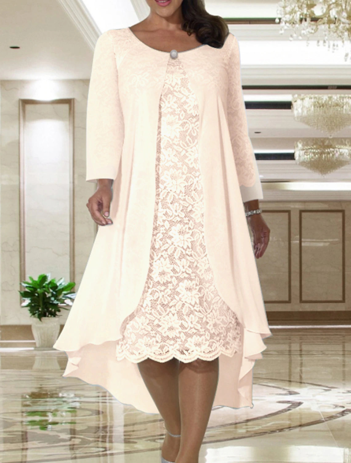 Two Piece A-Line Mother of the Bride Dress Fall Wedding Guest Dresses Plus Size Elegant Jewel Neck Tea Length Chiffon Lace Short Sleeve Jacket Dresses