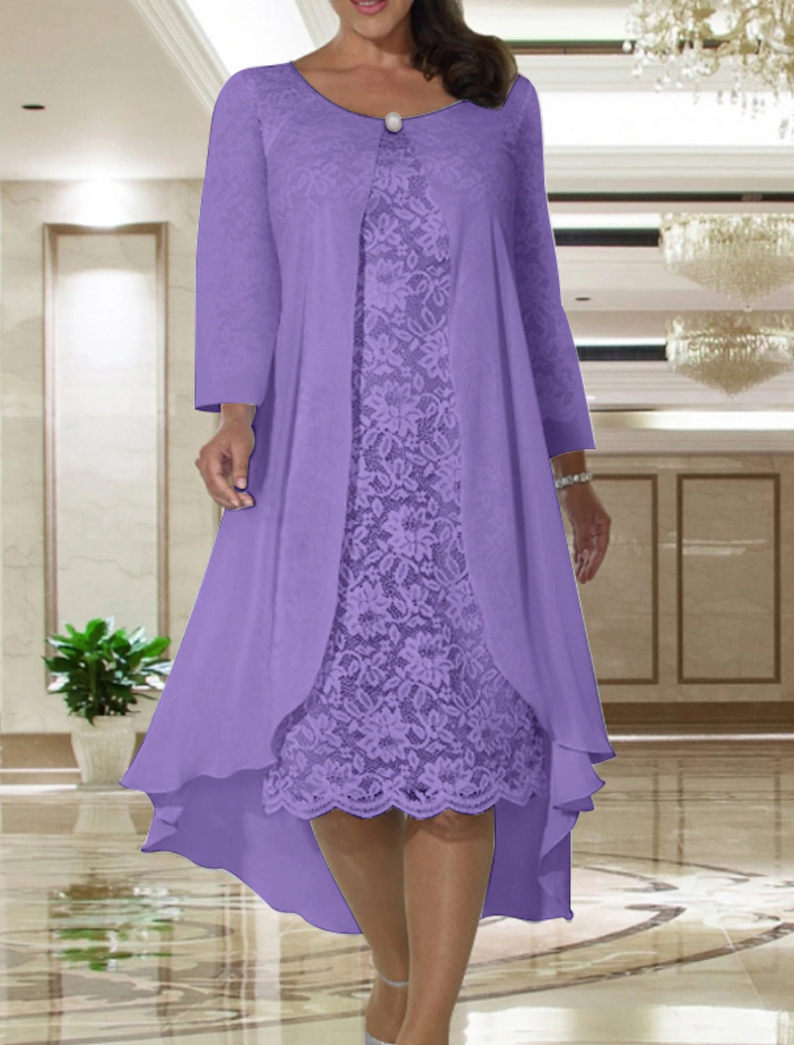 Two Piece A-Line Mother of the Bride Dress Fall Wedding Guest Dresses Plus Size Elegant Jewel Neck Tea Length Chiffon Lace Short Sleeve Jacket Dresses