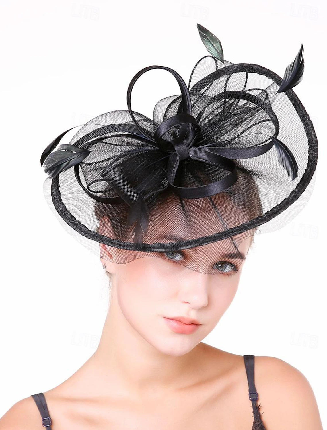 DingJiDress Fascinators Hats Headwear Hat Veil Hat Horse Race Cocktail Elegant Retro With Feather Pure Color Headpiece Headwear
