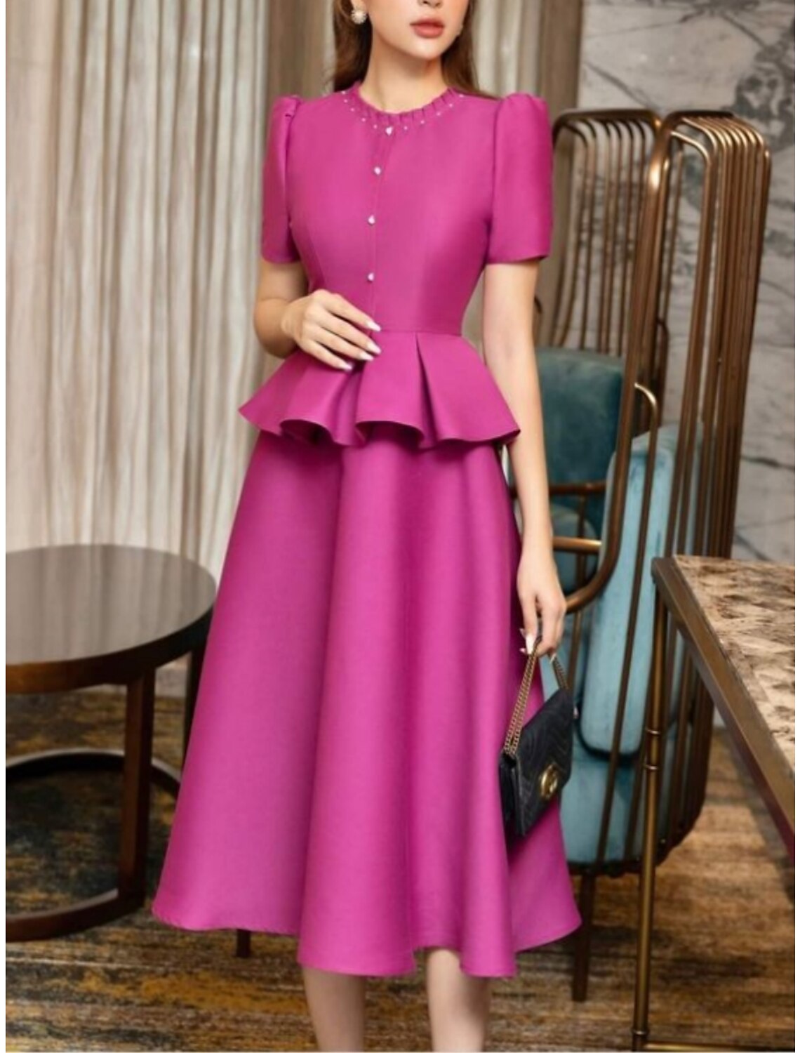 A-Line Mother of the Bride Dress Wedding Guest Party Elegant Jewel Neck Tea Length Satin Short Sleeve with Buttons Pleats