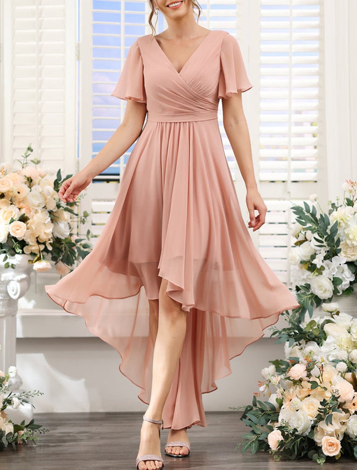 A-Line Bridesmaid Dress V Neck Short Sleeve Pink Asymmetrical Chiffon with Ruching