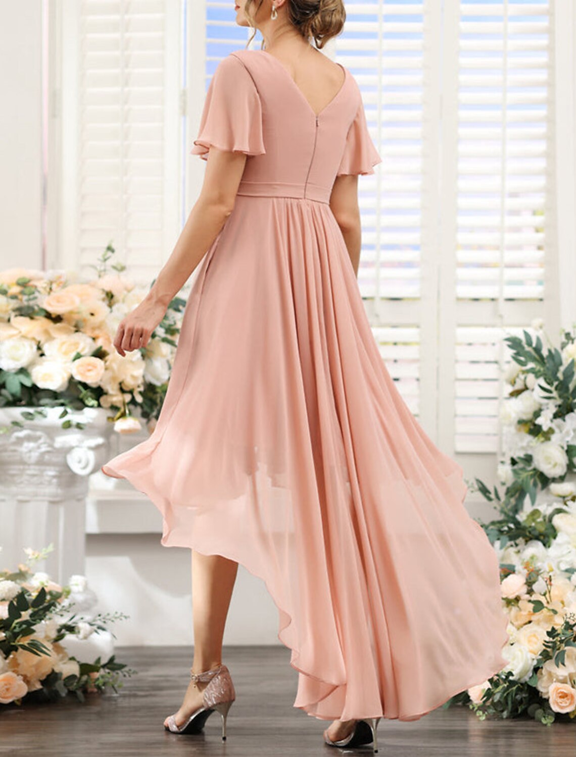 A-Line Bridesmaid Dress V Neck Short Sleeve Pink Asymmetrical Chiffon with Ruching