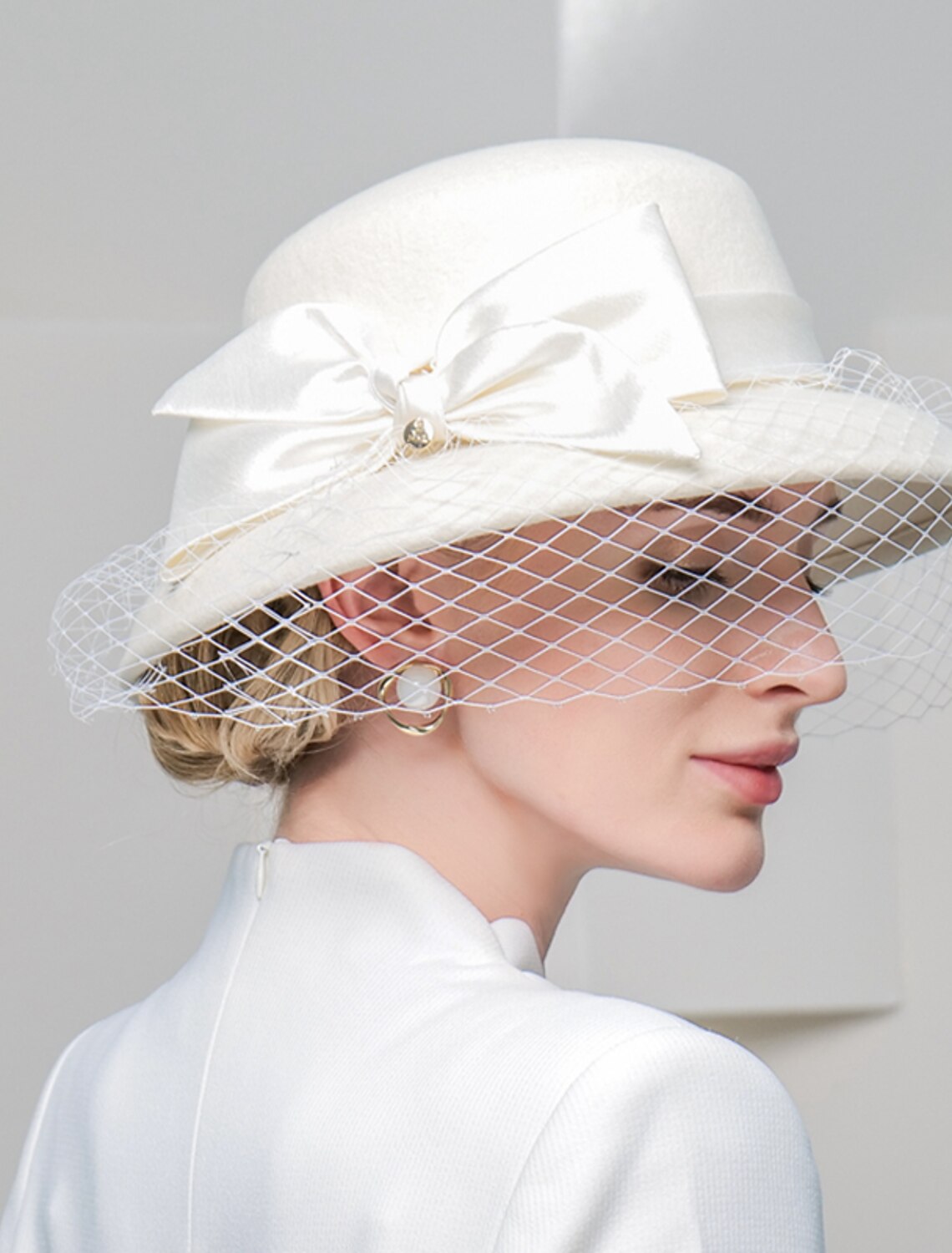 DingJiDress Autumn and Winter New British Versatile Wool Women's Banquet Mesh Winter Hat