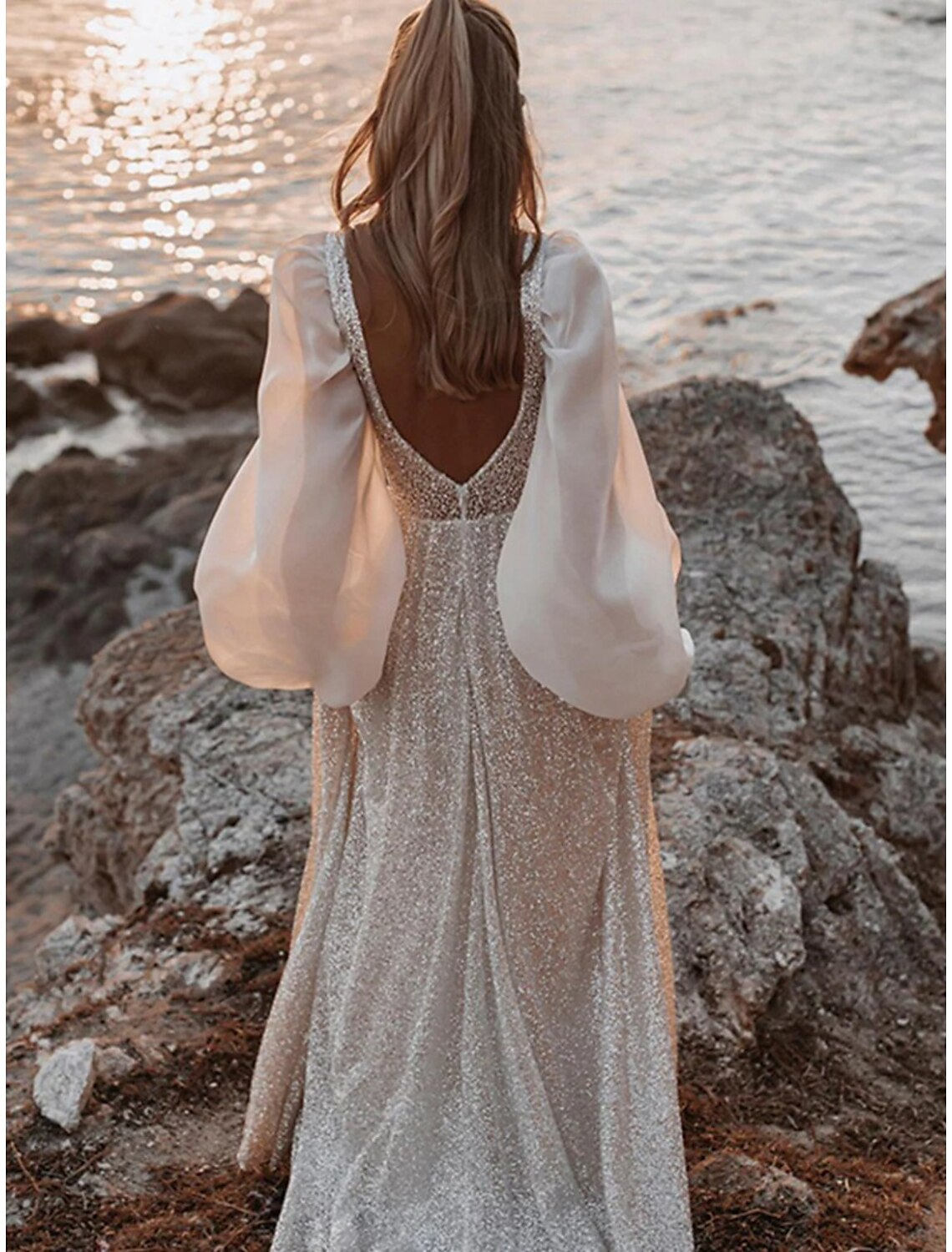 Beach Open Back Boho Wedding Dresses Long Sleeve V Neck Sequined With Pleats