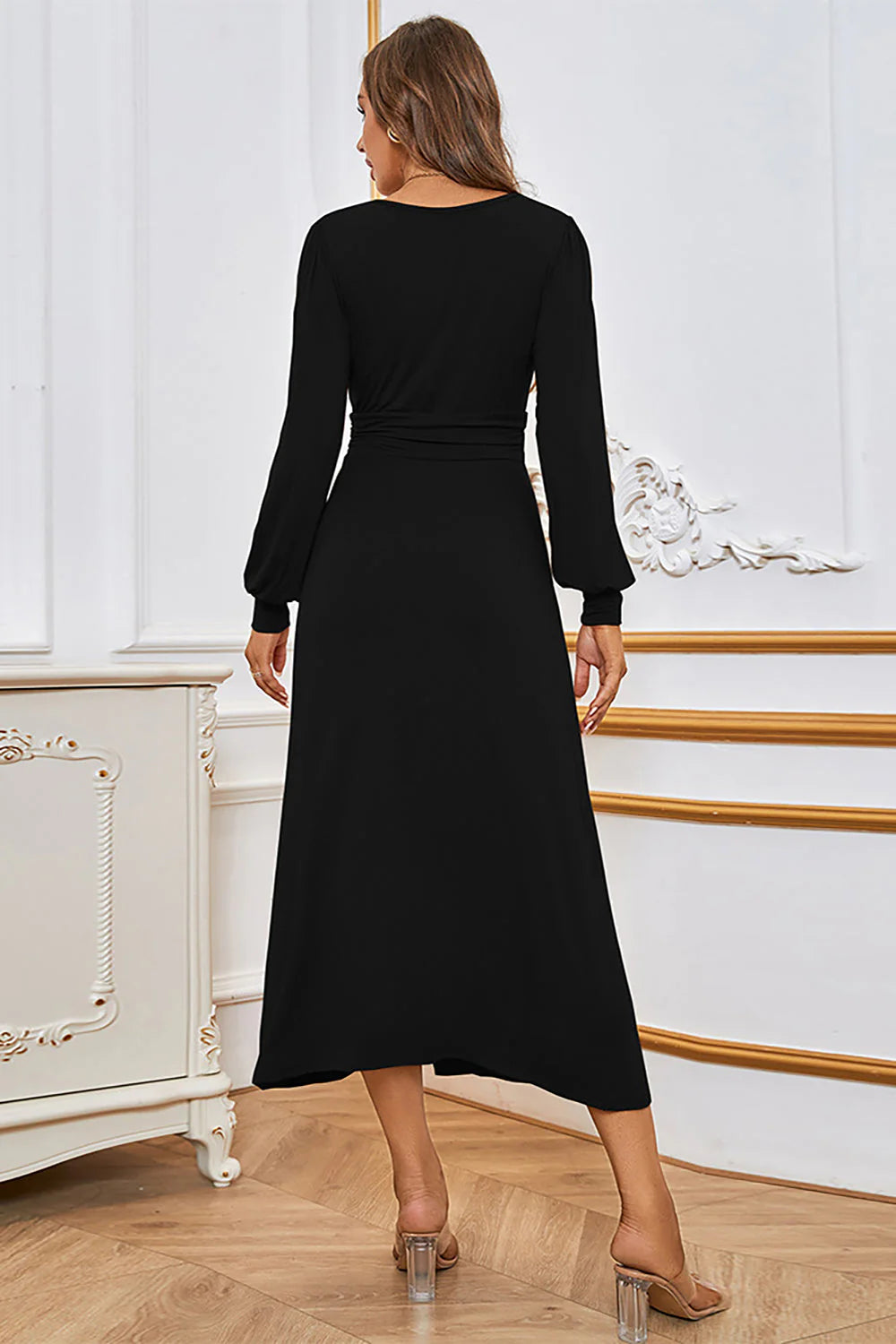 Elegant Simple Black A Line V Neck Long Sleeves with Slit Holiday Party Dress Hot Sale Evening Dress
