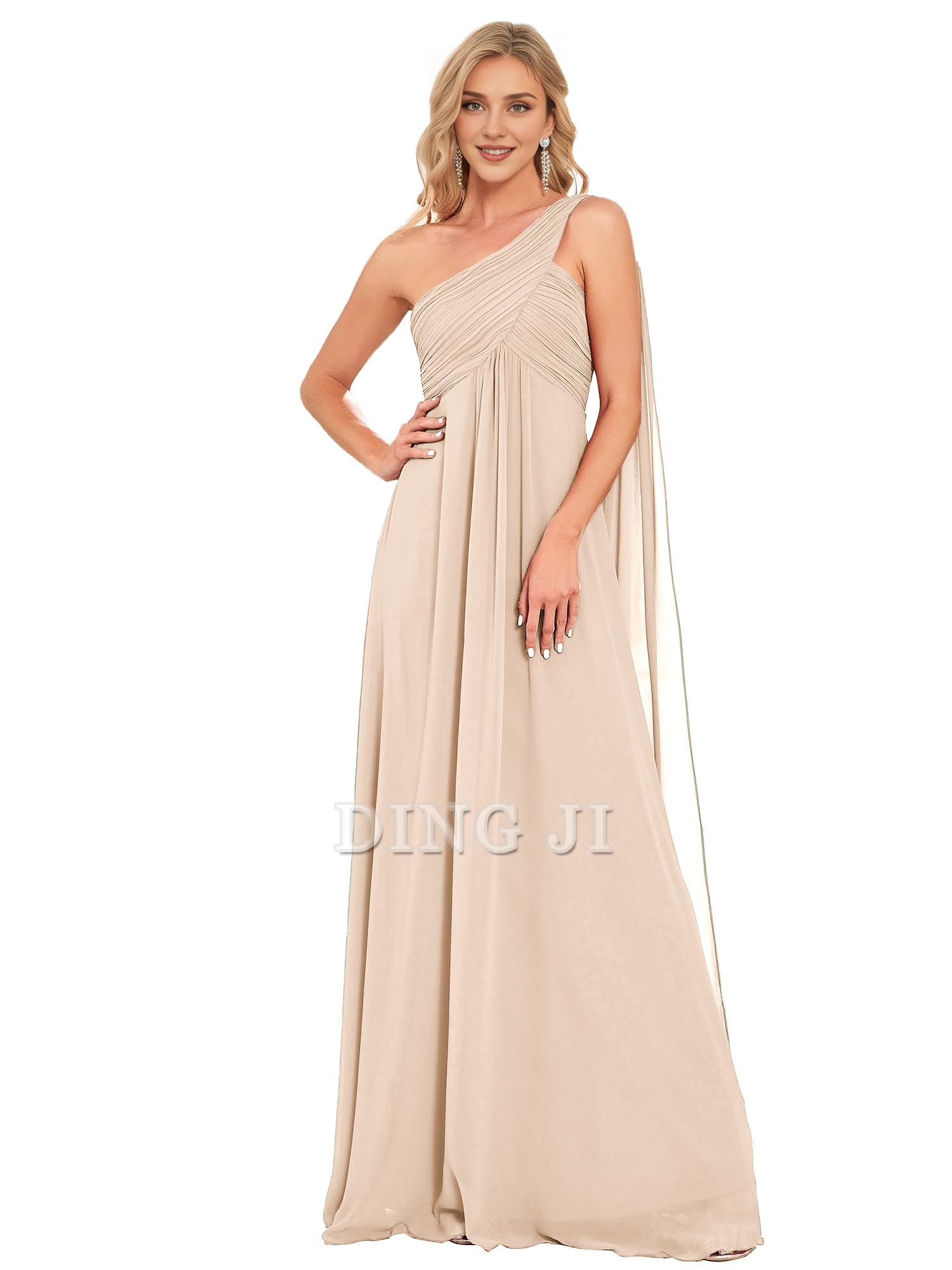 DingJiDress Bridesmaid Dresses One Shoulder Empire Waist Chiffon Pleated Elegant Long Formal Wear Dresses
