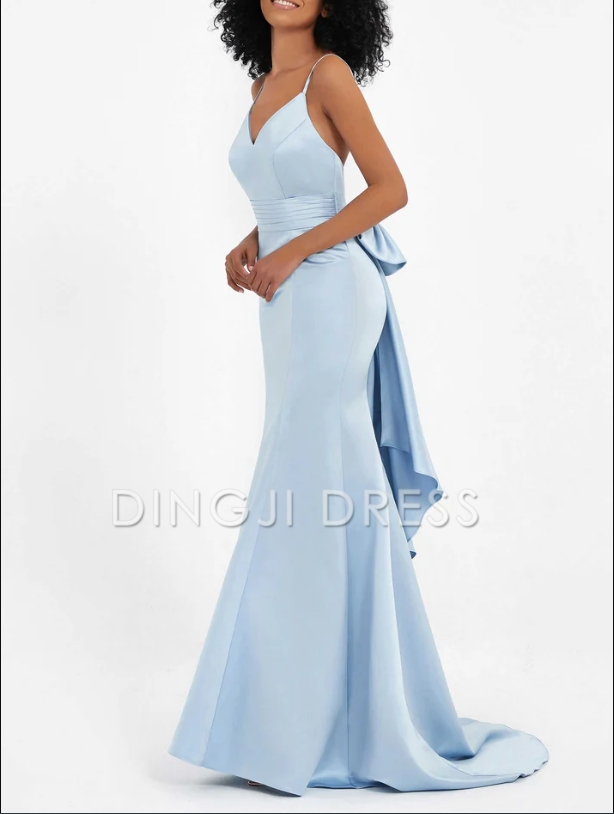 DingJiDress Evening Dress Mermaid Sweetheart Spaghetti Straps Sweep Train Satin Dress Pleated Backless Bowknot Sweep Train Exquisite Formal Dress