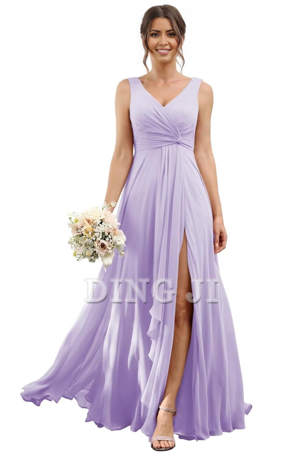 DingJiDress Bridesmaid Dresses A-line V Neck Ruffles Side Fork Long Chiffon Elegant Formal Wear Dresses