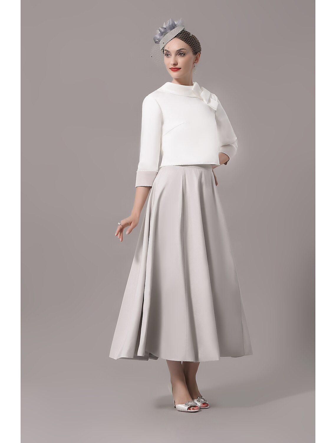 Two Piece Mother of the Bride Dress Church Elegant  Ankle Length Stretch Satin Sleeve with Bow(s)