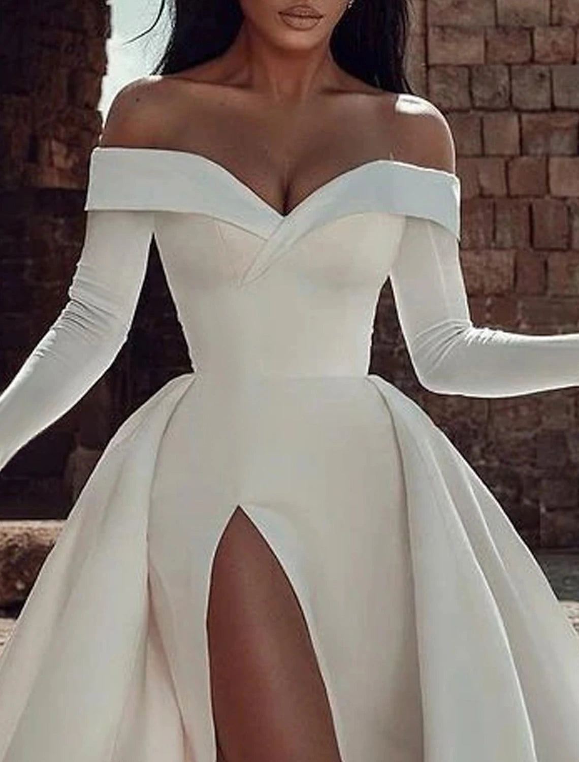 Vintage 1940s / 1950s Formal Wedding Dresses A-Line Off Shoulder Long Sleeve Chapel Train Satin Bridal Gowns With Split