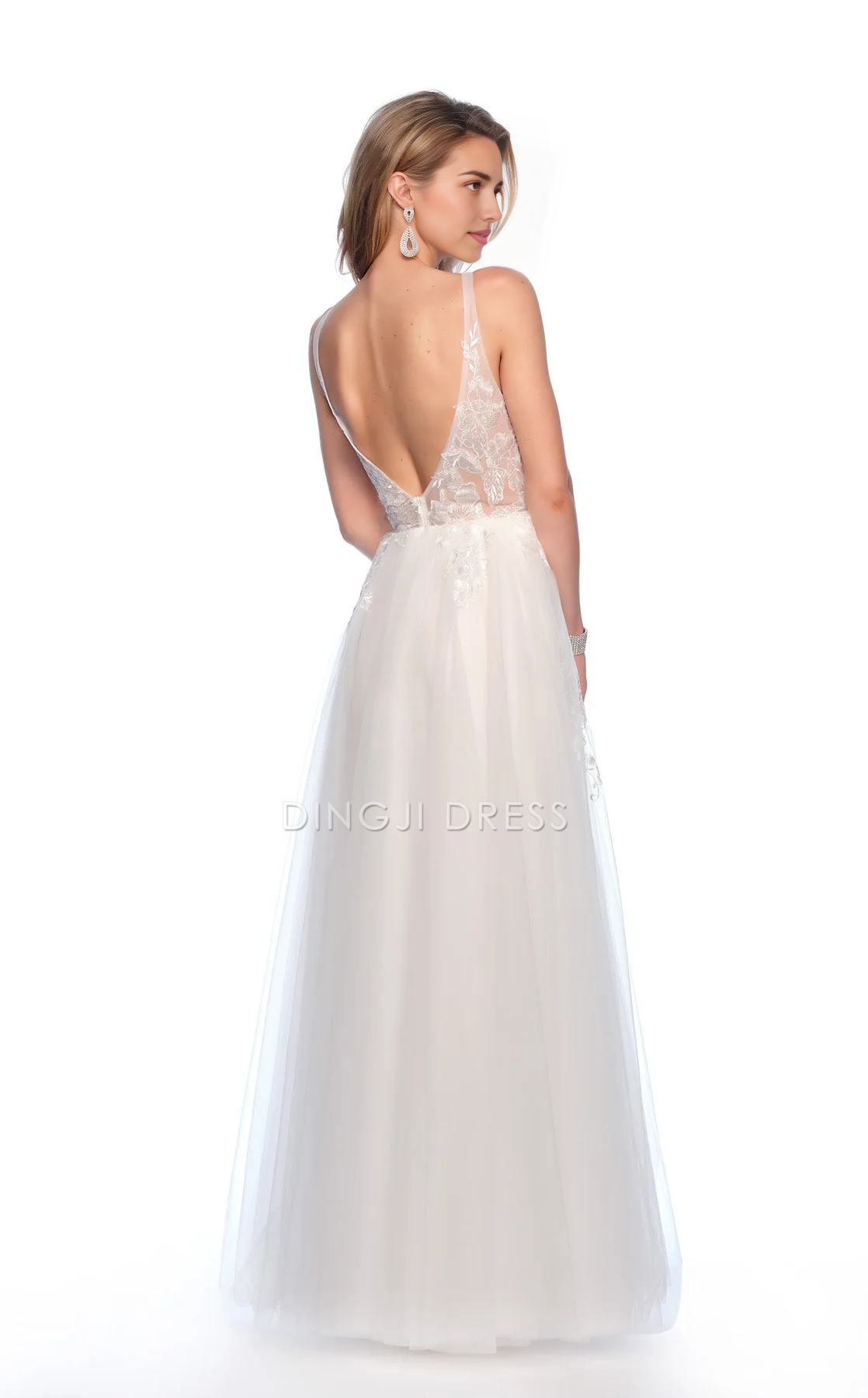 DingJiDress Hot Sale Wedding Dress Beautiful Plunging A Line Deep V Neck Sleeveless Backless Floor-Length Elegant Formal Wear Dresses