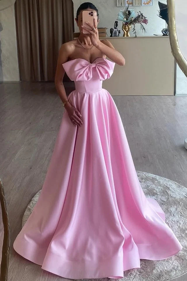 DingJiDress Evening Dress A-Line Strapless Bow Satin Pleated Long Prom Dress Sweep Train High Quality Formal Wear Dresses Wedding Guest Dresses