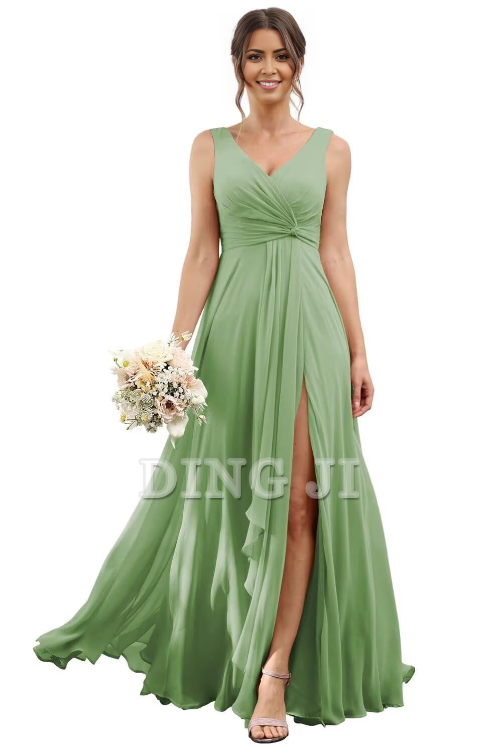 DingJiDress Bridesmaid Dresses A-line V Neck Ruffles Side Fork Long Chiffon Elegant Formal Wear Dresses