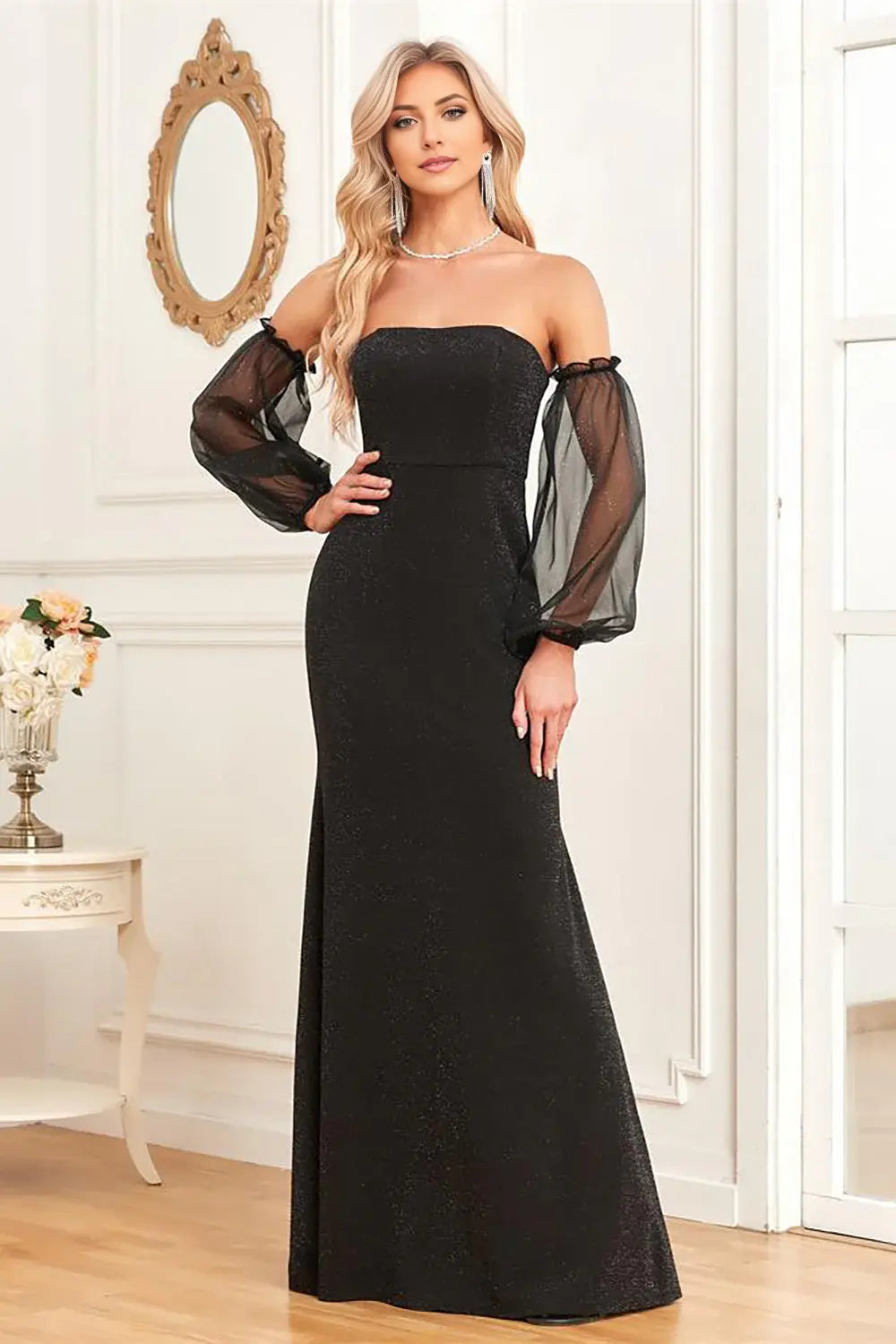 Sparkle Black Mermaid Strapless Detachable Sleeve Backless Elegant Long Formal Dress Hot Sale Evening Dress
