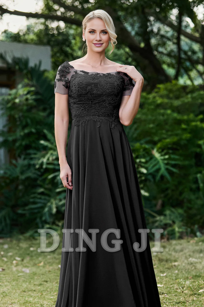 DingJiDress Mother of the Bride Dresses Ruched Applique Short Sleeves Chiffon Long Dress Lace Applique Elegant Dignified Dresses Wedding Guests Dresses