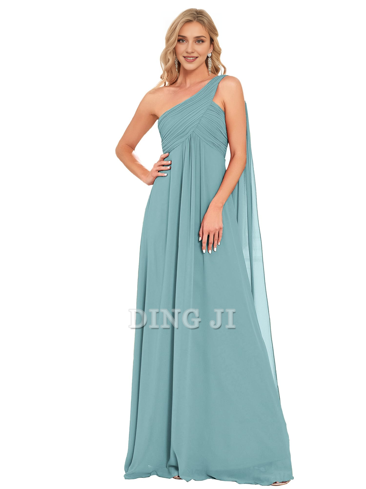 DingJiDress Bridesmaid Dresses One Shoulder Empire Waist Chiffon Pleated Elegant Long Formal Wear Dresses