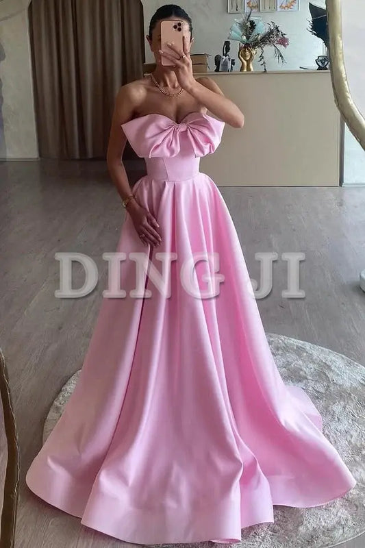 DingJiDress Evening Dress A-Line Strapless Bow Satin Pleated Long Prom Dress Sweep Train High Quality Formal Wear Dresses Wedding Guest Dresses