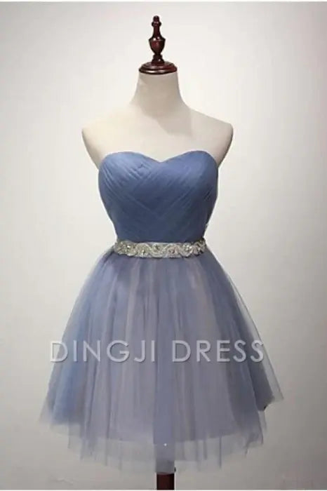 DingJiDress Short Prom Dress A-Line Strapless Pleated Tulle Sash Cocktail Party Dresses For Teens Best Selling Homecoming Dress