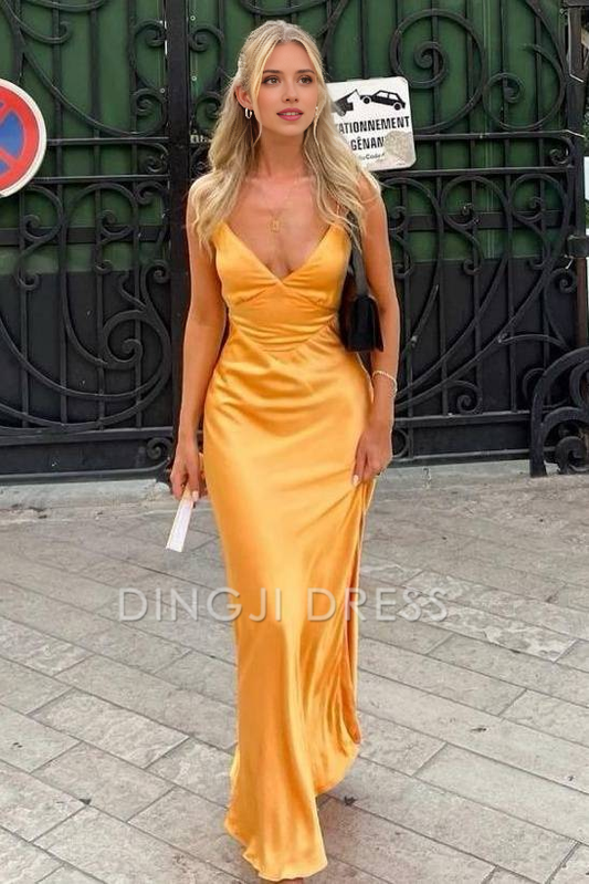 DingJiDress Formal Dress Elegant Sheath V-Neck Spaghetti Strap Sleeveless Backless Empire Long Fashion Prom Dress