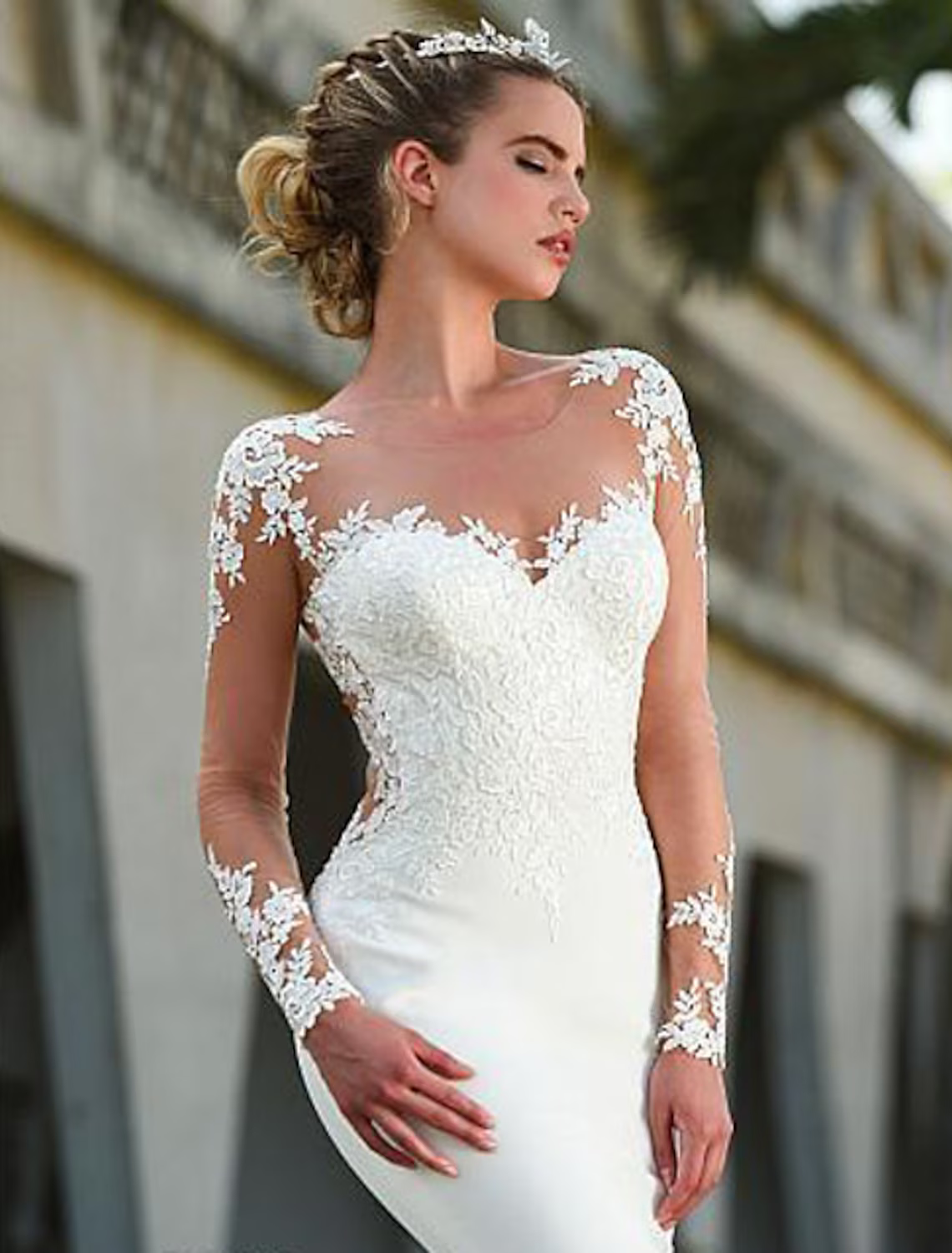 Engagement Open Back Formal Wedding Dresses Long Sleeve Lace With Appliques