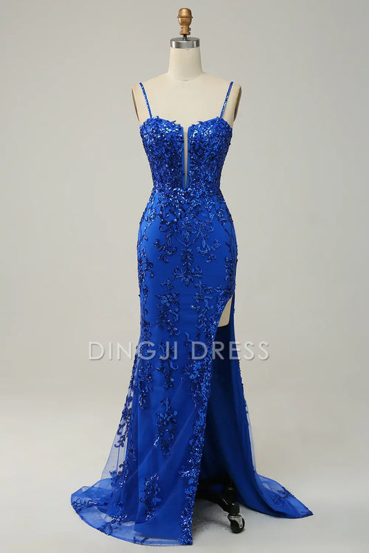 DingJiDress High Quality Dress Evening Dress Exquisite Sheath Spaghetti Straps Side Fork Appliques Sparkle Long Prom Dress