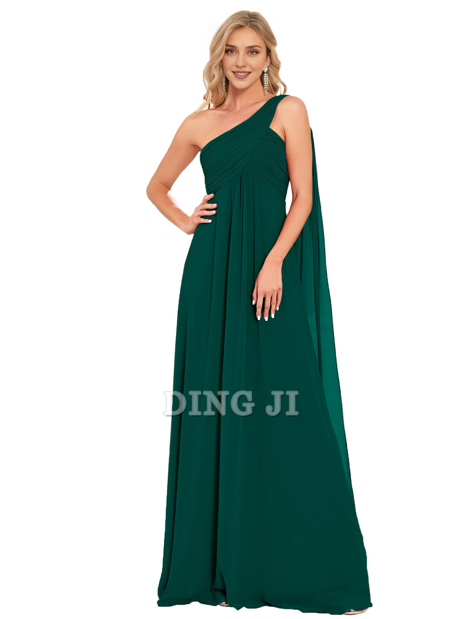 DingJiDress Bridesmaid Dresses One Shoulder Empire Waist Chiffon Pleated Elegant Long Formal Wear Dresses