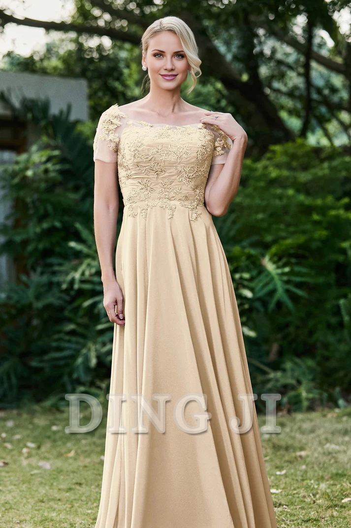 DingJiDress Mother of the Bride Dresses Ruched Applique Short Sleeves Chiffon Long Dress Lace Applique Elegant Dignified Dresses Wedding Guests Dresses