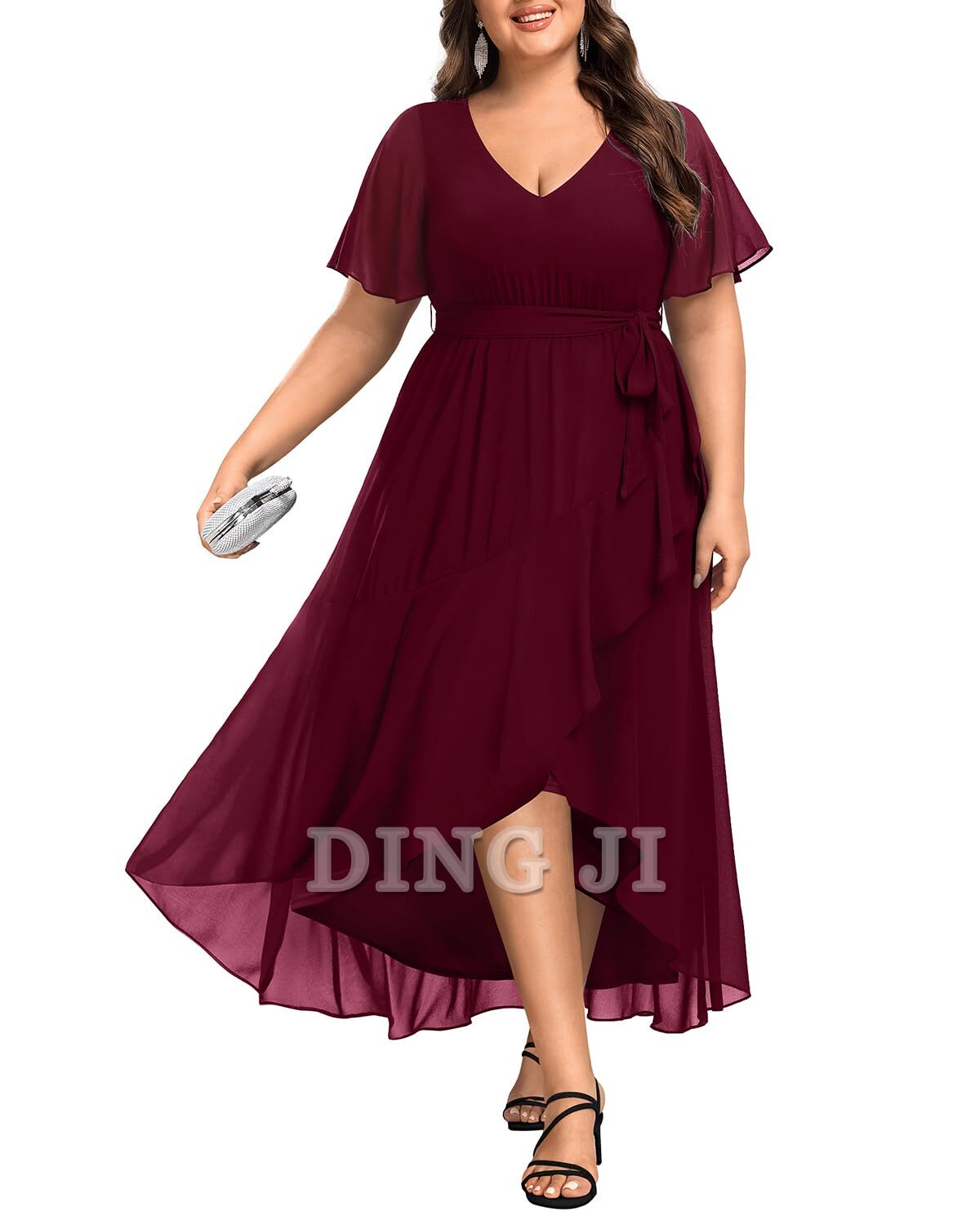 DingJiDress Bridesmaid Dresses Plus Size Long Dress Chiffon High Low Split Ruffle Formal Wear Dresses
