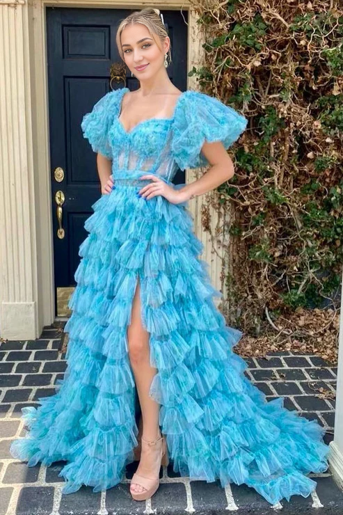 DingJiDress Long Prom Dresses Floral Printed Ruffle Tiered Tulle Puff Sleeves Evening Dress