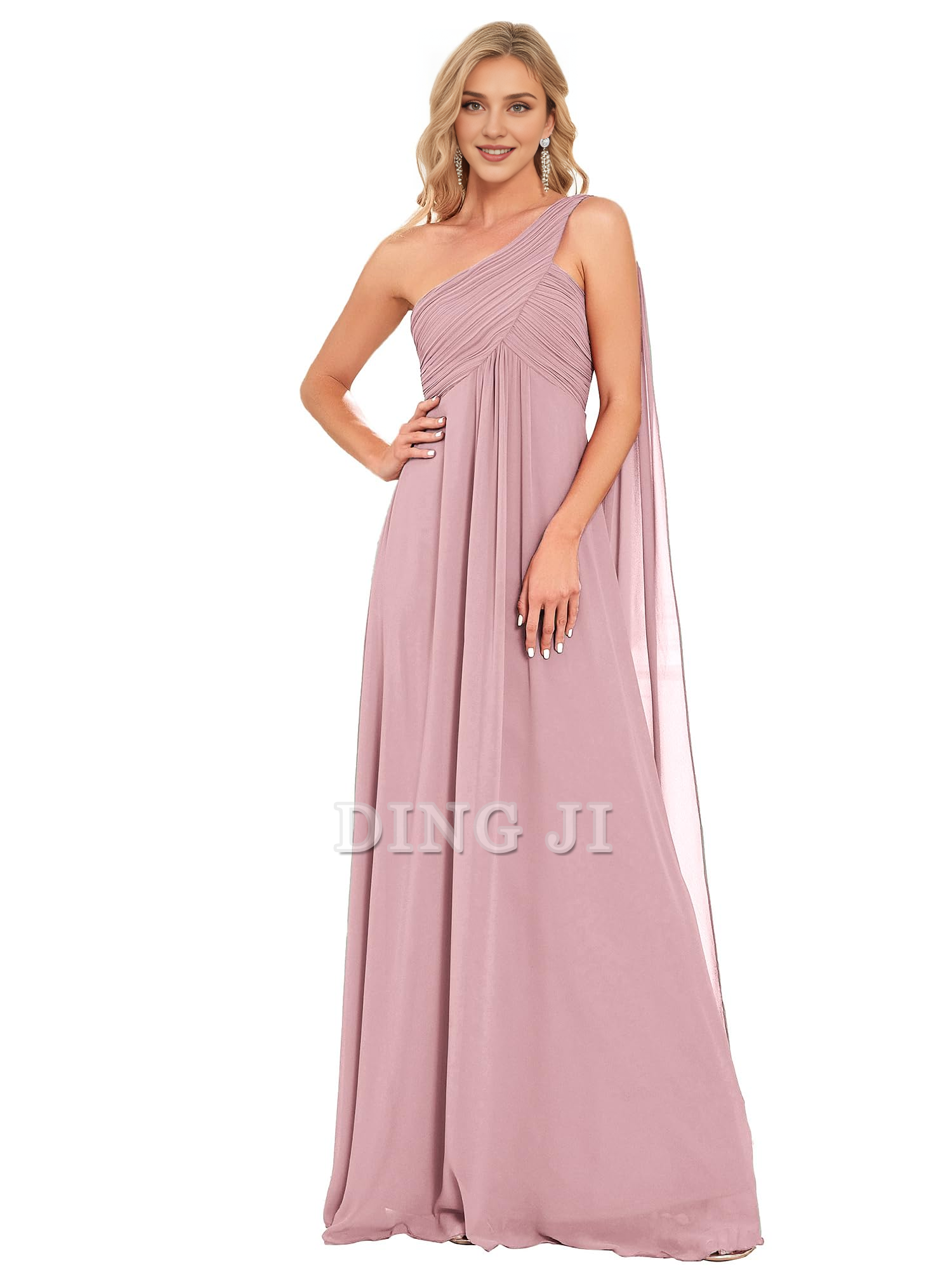 DingJiDress Bridesmaid Dresses One Shoulder Empire Waist Chiffon Pleated Elegant Long Formal Wear Dresses