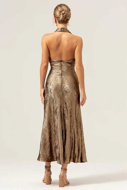DingJiDress Elegant Mother Of The Bride Dress Golden Mermaid Halter Deep V Neck Tea Length Bridesmaid Dress