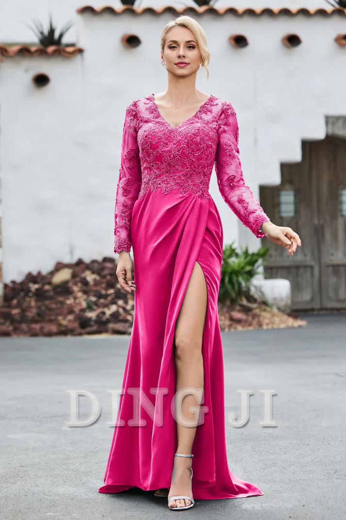 DingJiDress Mother of the Bride Dresses Lace Applique V-neck Long Sleeves High Slit Elegant Dignified Dress Wedding Guests Dresses