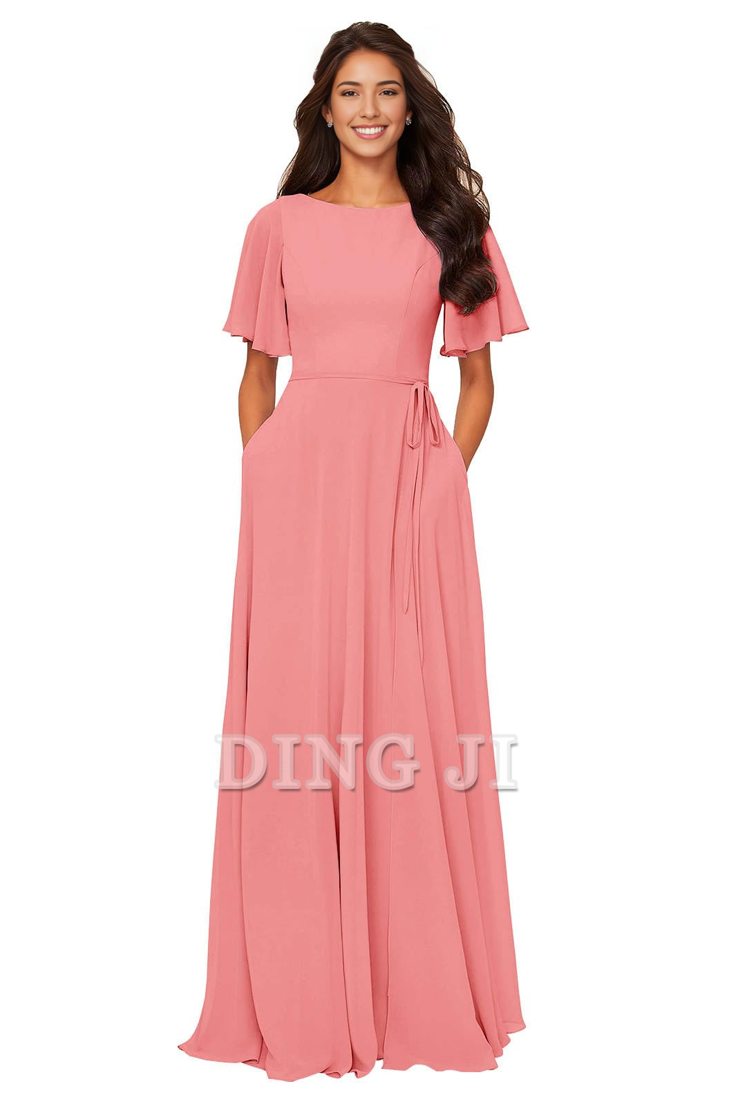 DingJiDress Bridesmaid Dresses Chiffon Modest A Line Bateau Neck Flutter Sleeve Elegant Formal Wear Dresses