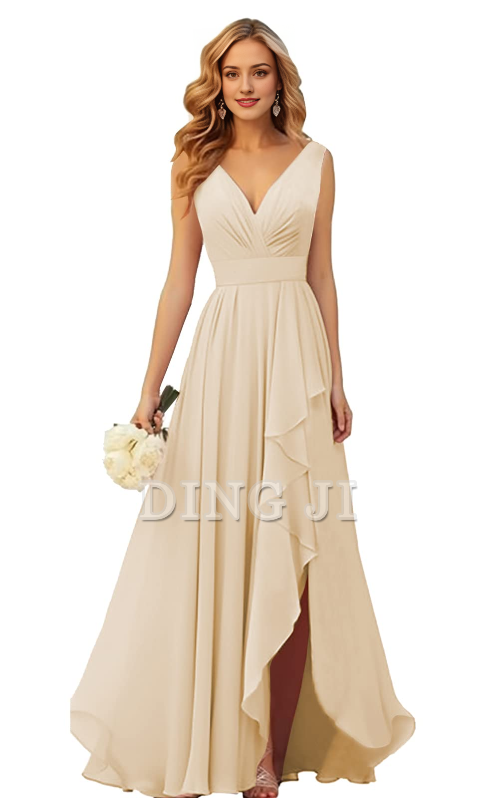 DingJiDress Bridesmaid Dresses Elegant V Neck Chiffon Side Fork Long Formal Wear Dresses
