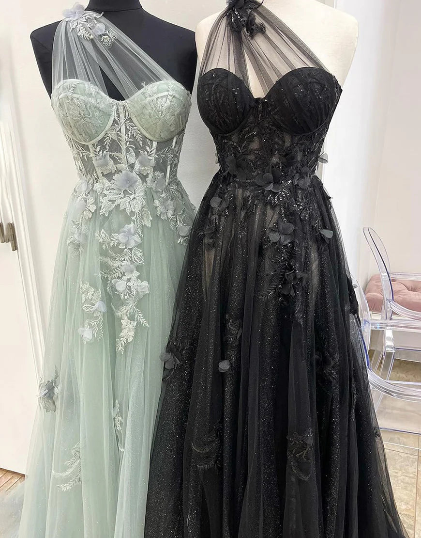 A-Line Prom Dresses Dress Formal Sleeveless One Shoulder Tulle Backless with Pleats Appliques