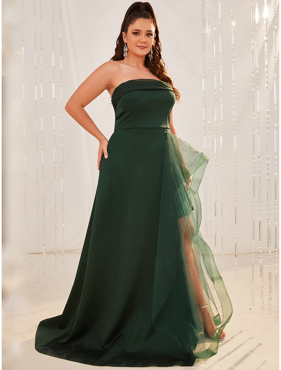 A-Line Wedding Guest Dresses Plus Size Dress Formal Sleeveless Strapless Organza with Slit