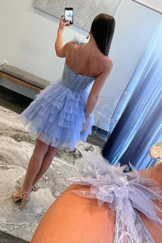 DingJiDress A-Line Layered Homecoming Dress One Shoulder Lavender Lace Graduation Dresses