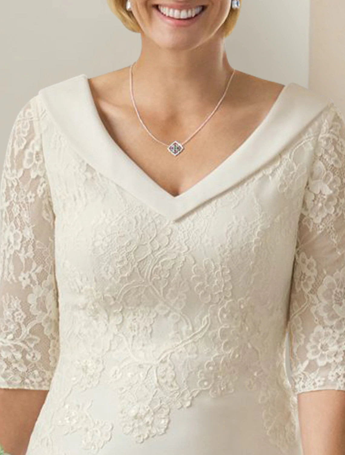 DingJiDress Mature Modest Wedding Dresses Sheath / Column V Neck Half Sleeve Floor Length Chiffon Bridal Gowns With Appliques