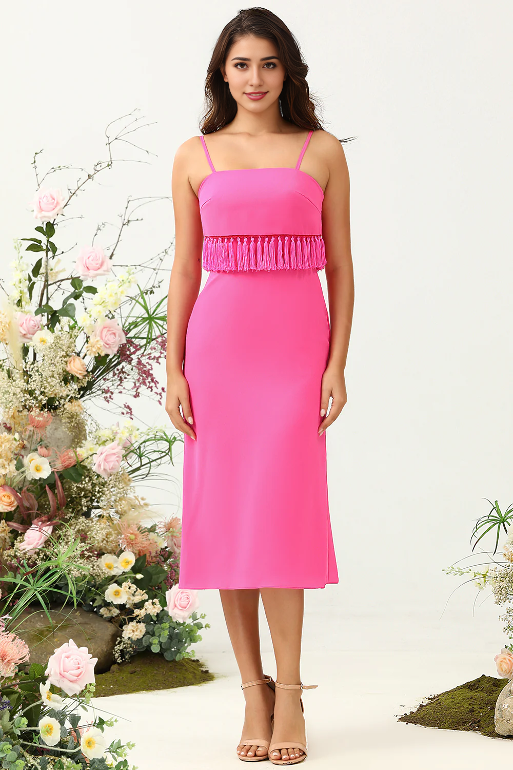 DingJiDress Hot Pink Sheath Spaghetti Straps Chiffon Wedding Guest Dress with Ruffles