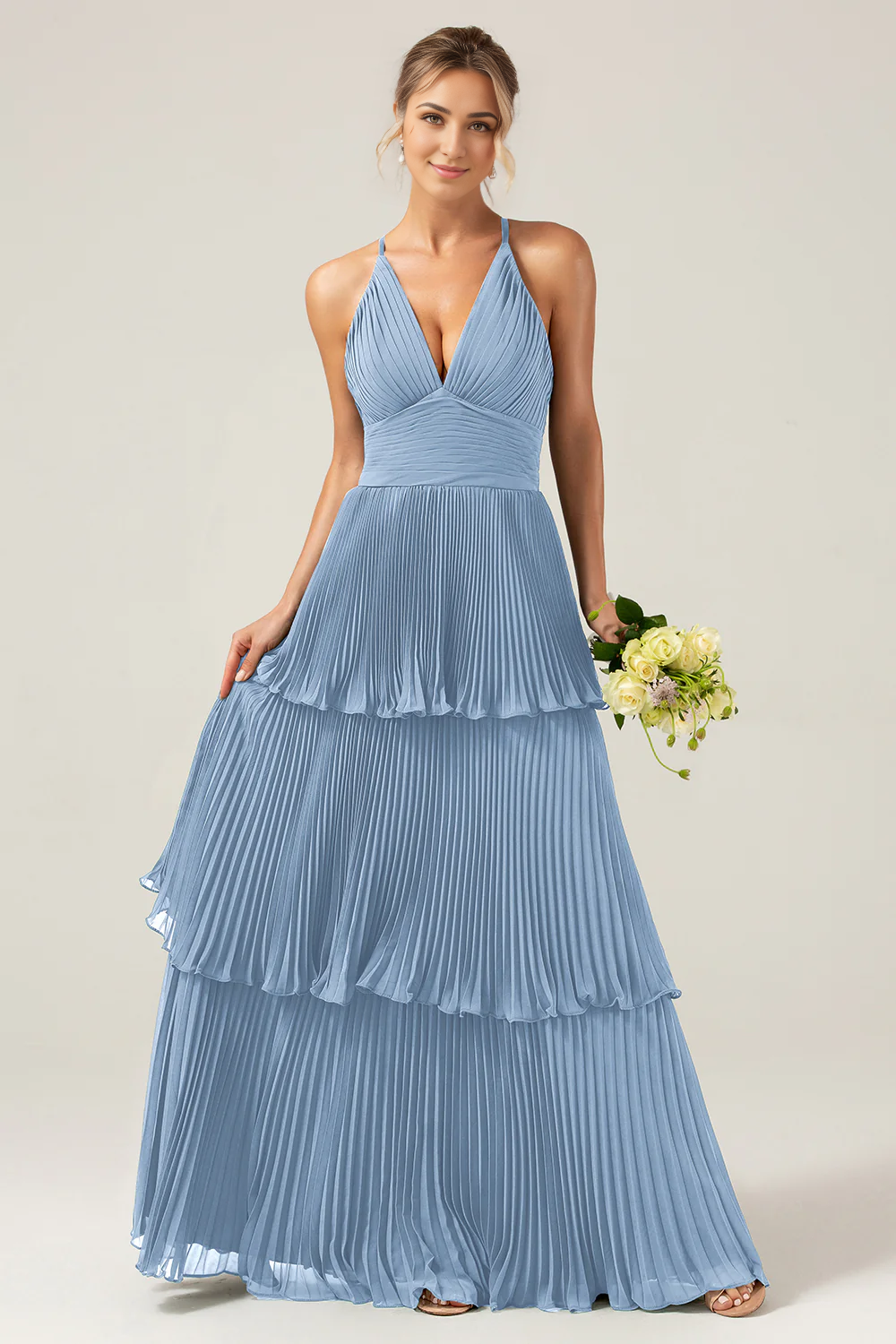 DingJiDress A-Line Wedding Guest Dresses Halter Tiered Floor Length Chiffon Long Bridesmaid Dress