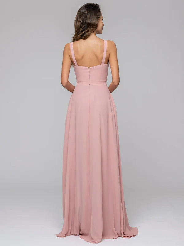 Straps Long Chiffon Bridesmaid Dresses With Side Slit