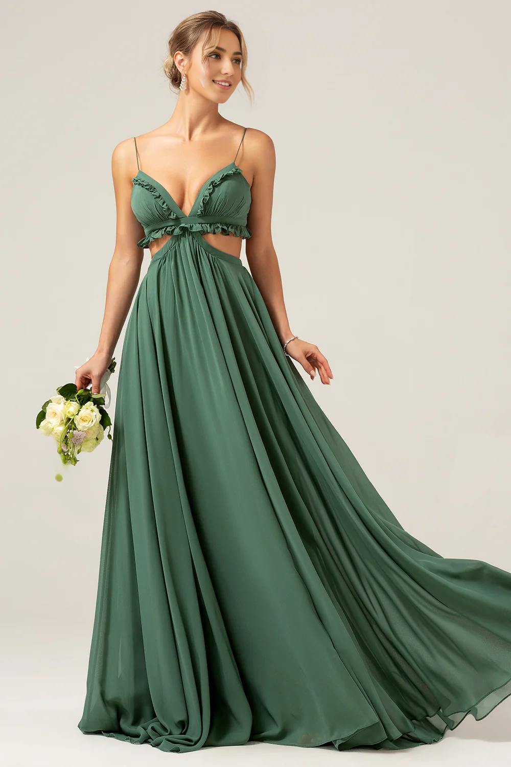 DingJiDress Long Bridesmaid Dress A-Line Evening Dress Spaghetti Straps Backless Chiffon Eucalyptus