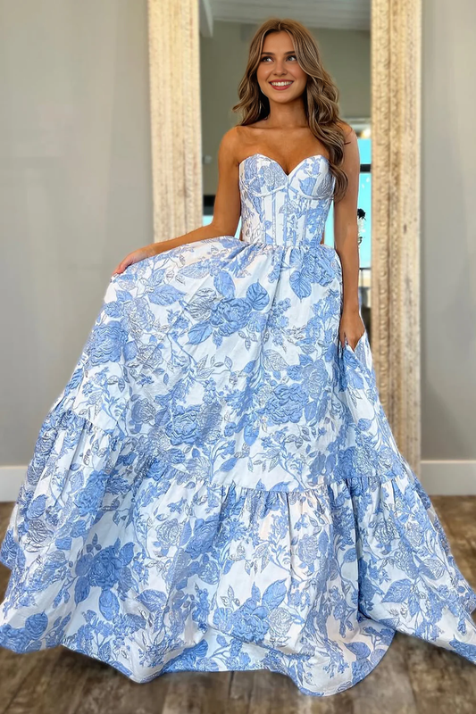 DingJiDress Lovely Sweetheart A-Line Zipper Back Long Print Exquisite Prom Dress