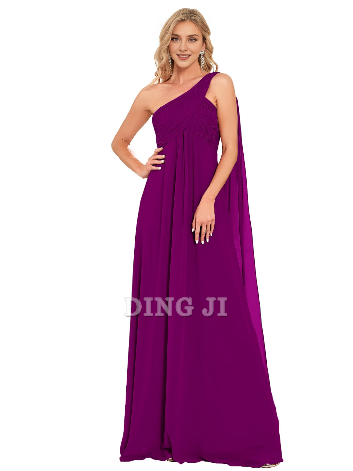 DingJiDress Bridesmaid Dresses One Shoulder Empire Waist Chiffon Pleated Elegant Long Formal Wear Dresses