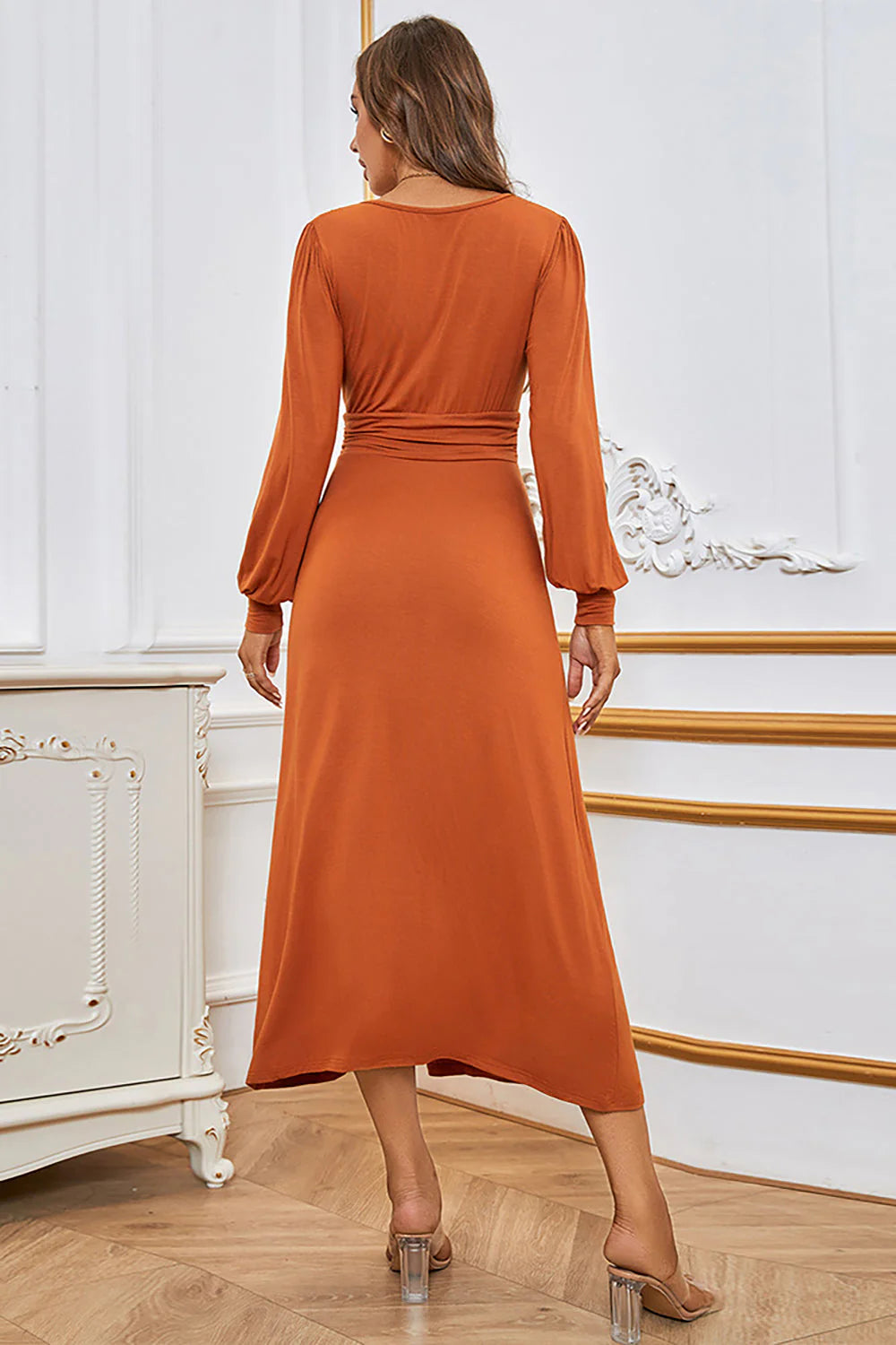 Fashion Simple Orange A Line V Neck Long Sleeves with Slit Elegant Holiday Party Dress Hot Sale Evening Dress