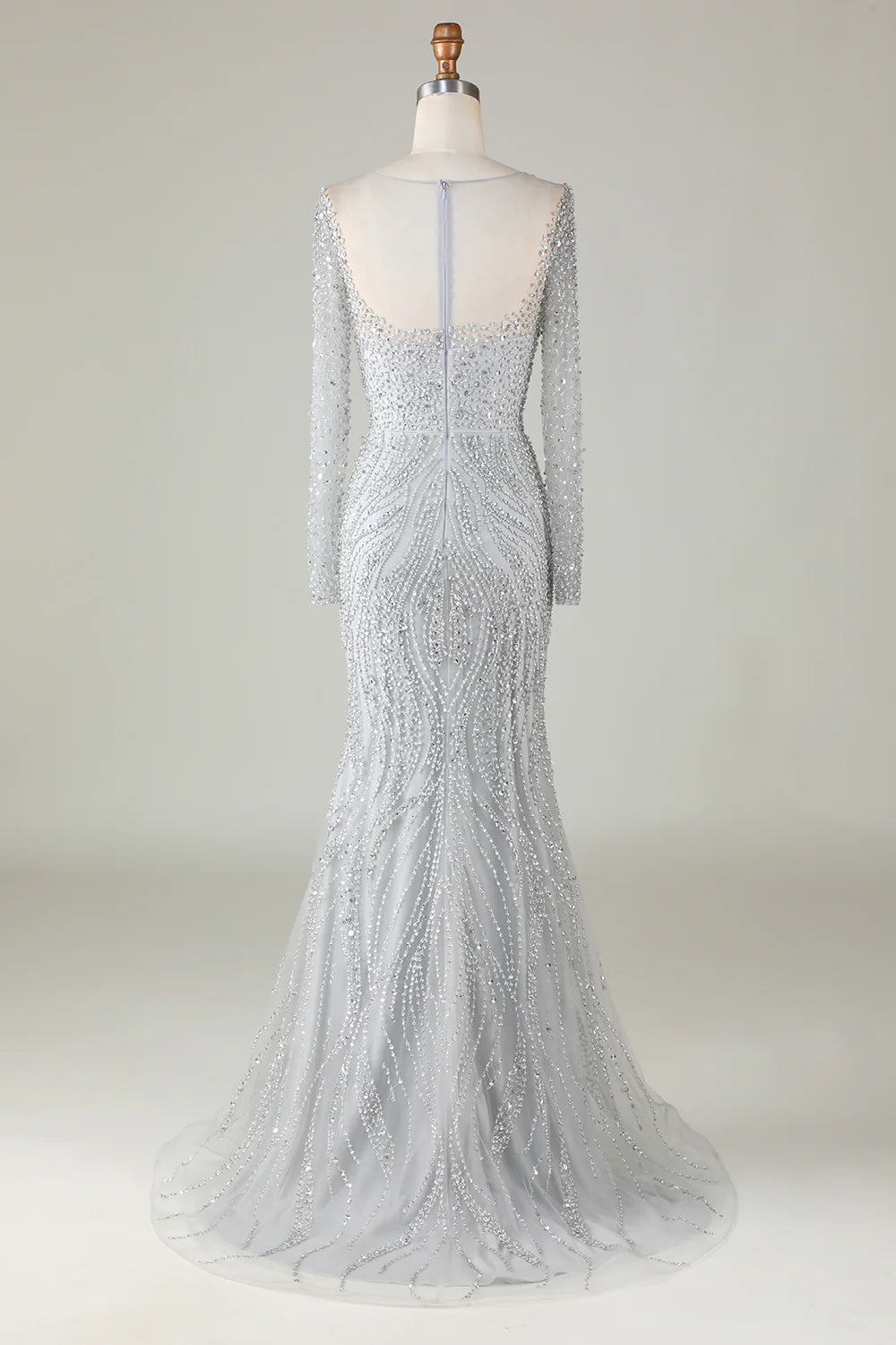 DingJiDress Gorgeous Sparkly Grey Beaded Mermaid Long Prom Dress