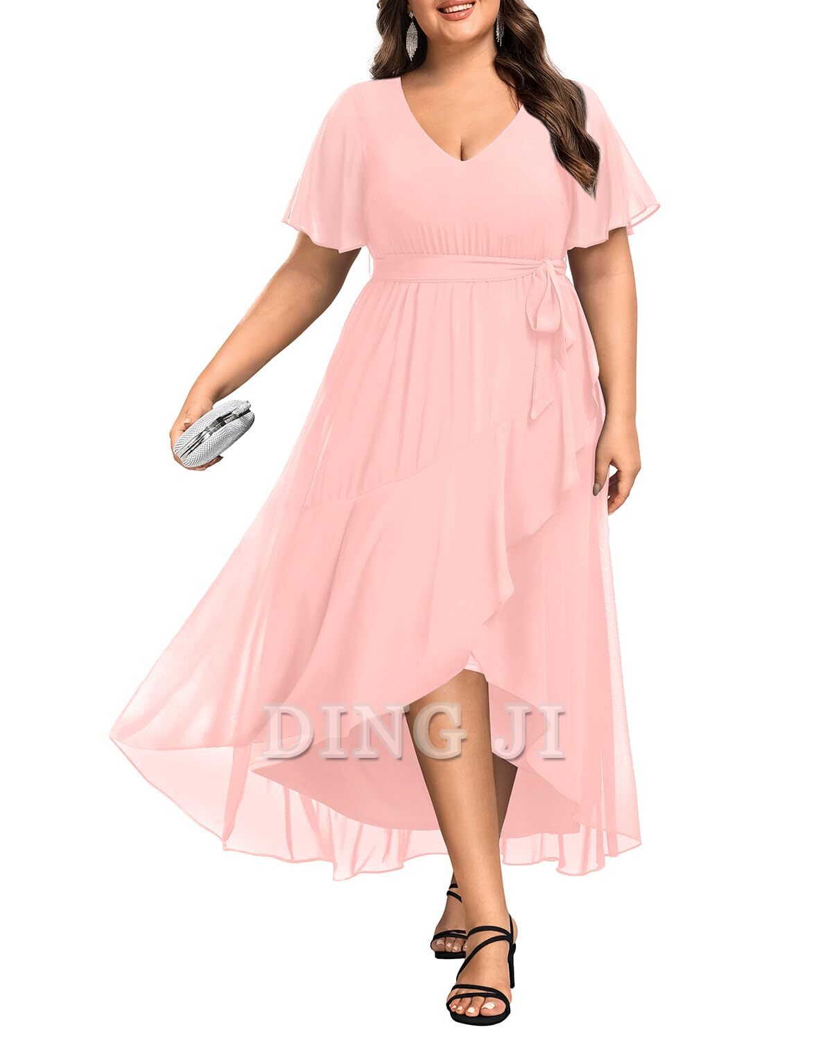DingJiDress Bridesmaid Dresses Plus Size Long Dress Chiffon High Low Split Ruffle Formal Wear Dresses